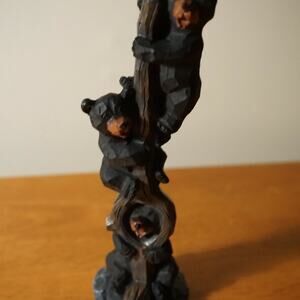 Black Bear Cubs Climbing Tree Figurine Rustic Wildlife Lodge Cabin Decor Gift